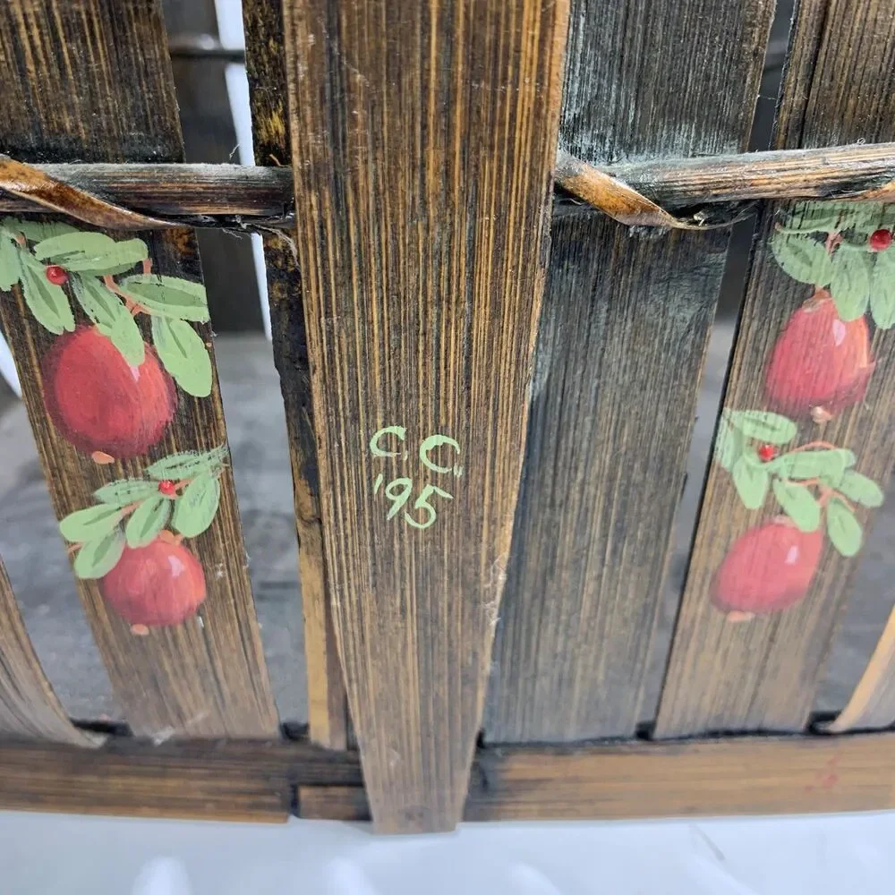 Vintage Farmhouse Reed Basket 1990s Hand Painted Apples Artist Signed Country